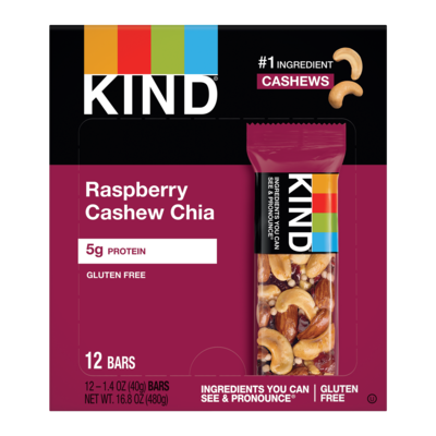 KIND Bar, Raspberry Cashew & Chia, 1.4 Oz., 12/Box (PHW19989)