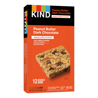 KIND Healthy Grains Gluten Free Peanut Butter Dark Chocolate Nut Bar, 12 Bars/Box (PHW18083)