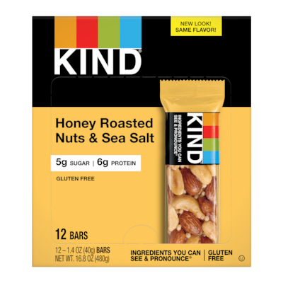 KIND Gluten Free Honey Roasted Nuts & Sea Salt Nut Bars, 1.4 oz, 12 Bars/Box (PHW19990)