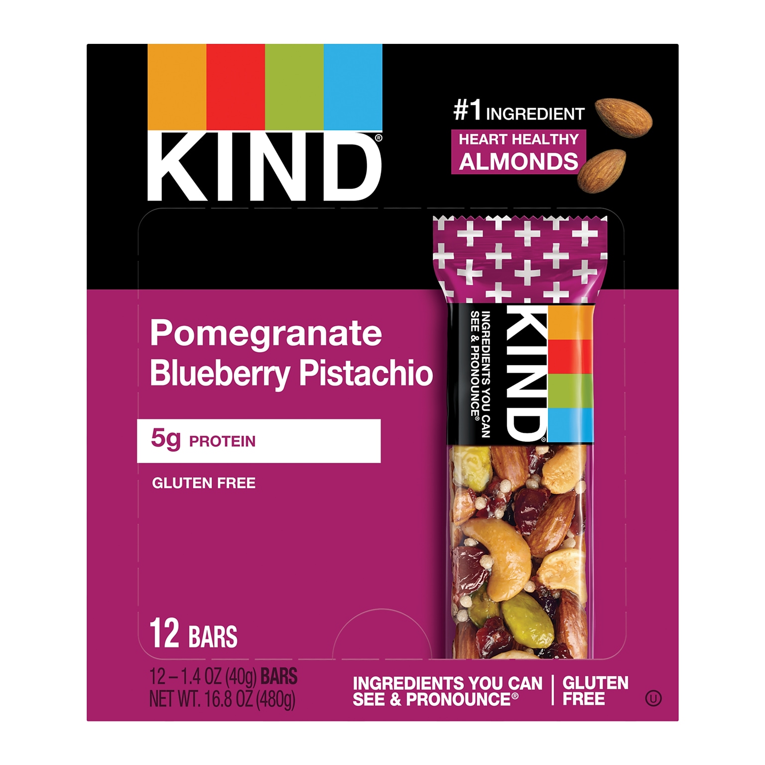 KIND Plus Nutrition Boost Bars, Pomegranate Blueberry Pistachio plus Antioxidants, Snack Bar, 1.4 oz (17221)