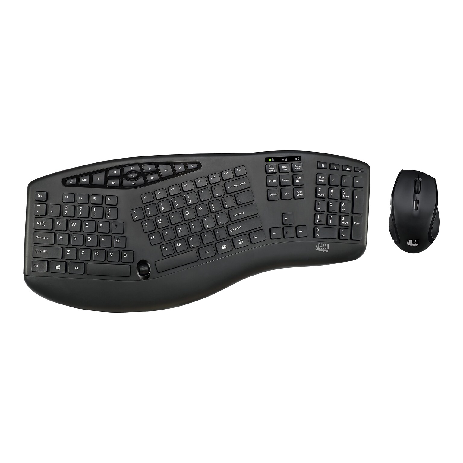 Adesso Tru-Form Media Wireless Ergonomic Keyboard and Optical Mouse Combo, Black (WKB-1600CB)