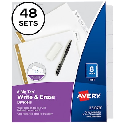 Avery Big Tab Write & Erase Paper Dividers, 8 Tab, White, 48 Sets/Carton (23078CT)