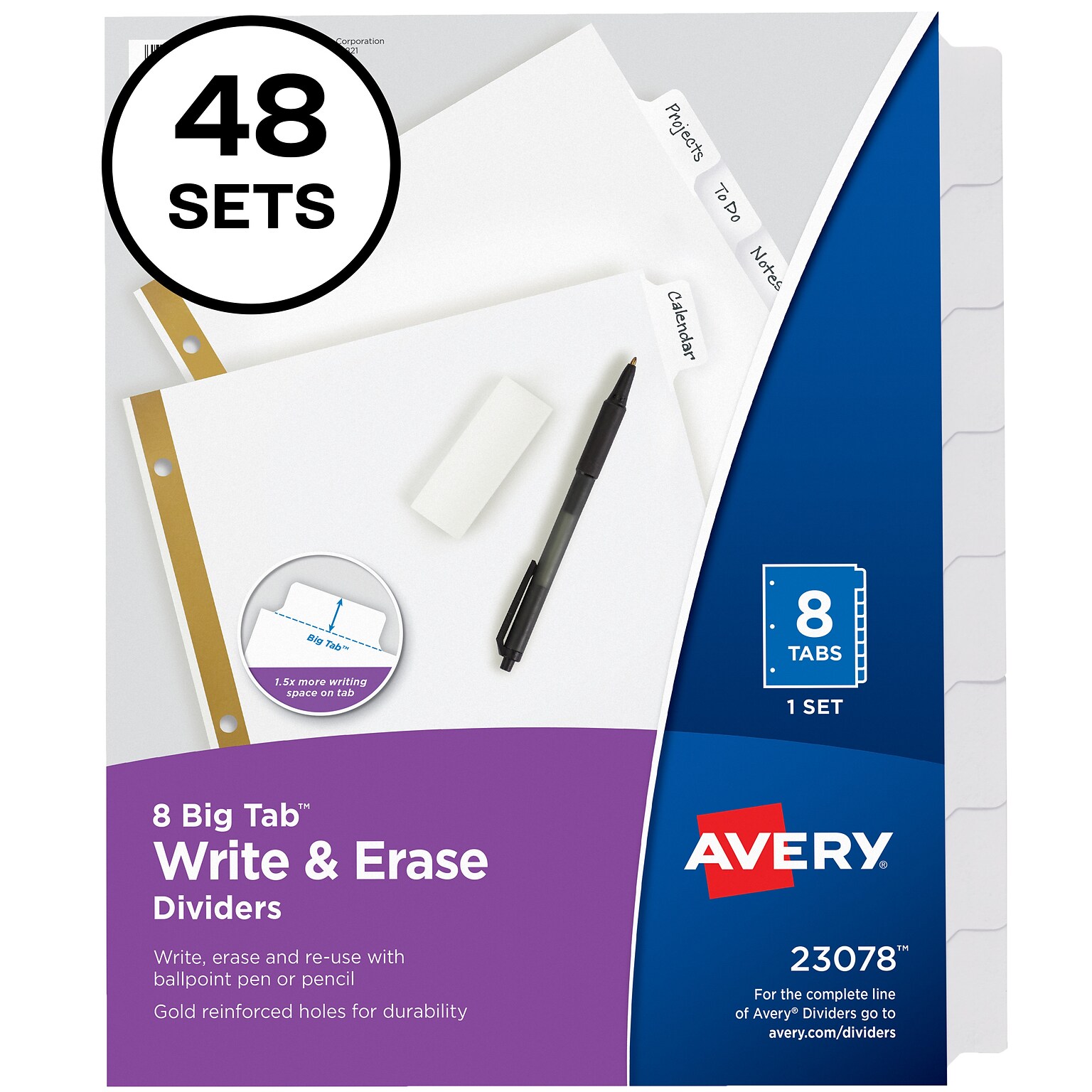 Avery Big Tab Write & Erase Paper Dividers, 8 Tab, White, 48 Sets/Carton (23078CT)