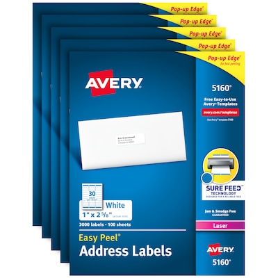 Avery Easy Peel Laser Address Labels, 1 x 2 5/8, White, 15000 Labels Per Pack (5160)