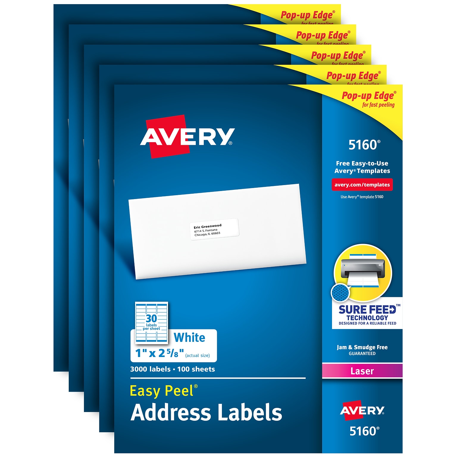 Avery Easy Peel Laser Address Labels, 1 x 2 5/8, White, 3000 Labels/Pack, 5 Pack (5160)