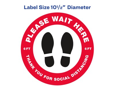 Avery Social Distance Floor Decal, 10 1/2" x 10 1/2", White/Red/Black, 5 Labels Per Pack (83090)