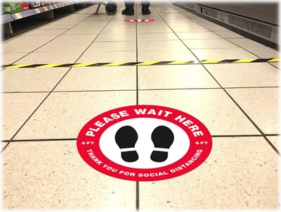 Avery Social Distance Floor Decal, 10 1/2" x 10 1/2", White/Red/Black, 5 Labels Per Pack (83090)