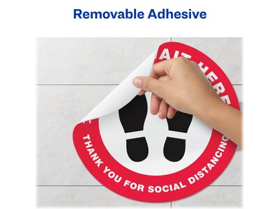 Avery Social Distance Floor Decal, 10 1/2" x 10 1/2", White/Red/Black, 5 Labels Per Pack (83090)