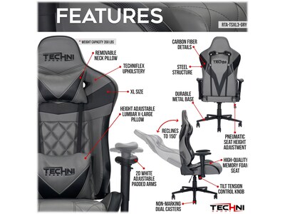 Techni Sport GamerXL Series Synthetic Computer Chair, Gray (RTA-TSXL3-GRY)