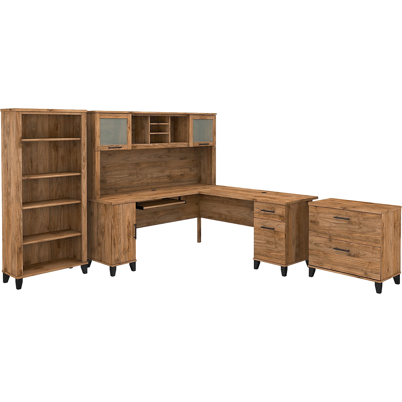 Bush Furniture Somerset 72W L-Shaped Desk with Hutch, Lateral File Cabinet and 5-Shelf Bookcase, Fresh Walnut (SET012FW)