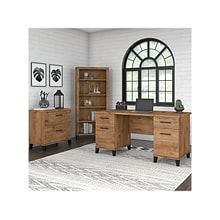 Bush Furniture Somerset 60 Computer Desk with Lateral File Cabinet and 5-Shelf Bookcase, Fresh Waln