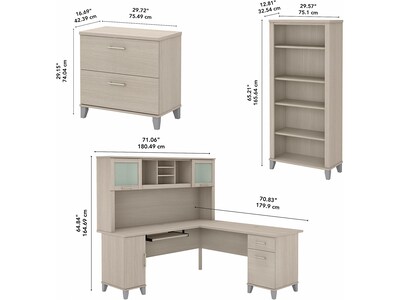 Bush Furniture Somerset 72"W L-Shaped Desk with Storage and Hutch, File Cabinet and 5- Shelf Bookcase, Sand Oak (SET012SO)