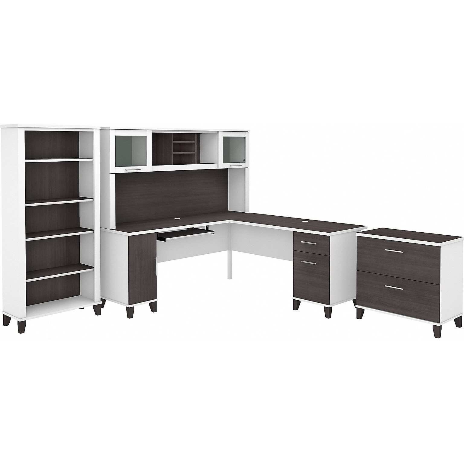 Bush Furniture Somerset 72W L-Shaped Desk with Hutch, Lateral File Cabinet and Bookcase, Storm Gray/White (SET012SGWH)
