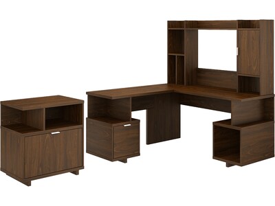 kathy ireland® Home by Bush Furniture Madison Avenue 60 L-Shaped Desk with Hutch and File Cabinet, Modern Walnut (MDS013MW)