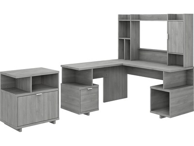 kathy ireland® Home by Bush Furniture Madison Avenue 60 L-Shaped Desk with Hutch and File Cabinet, Modern Gray (MDS013MG)