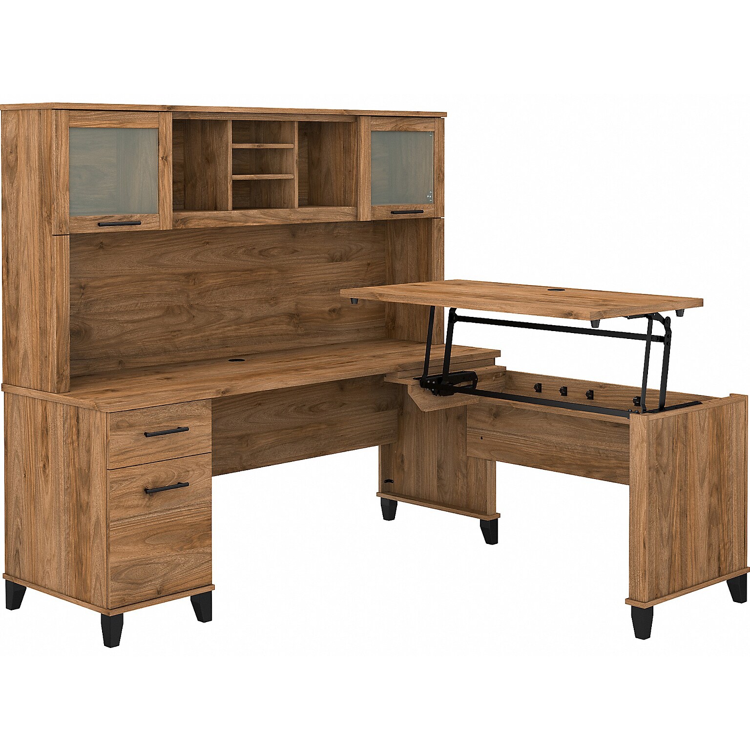 Bush Furniture Somerset 72W 3 Position Sit to Stand L Shaped Desk with Hutch, Fresh Walnut (SET015FW)