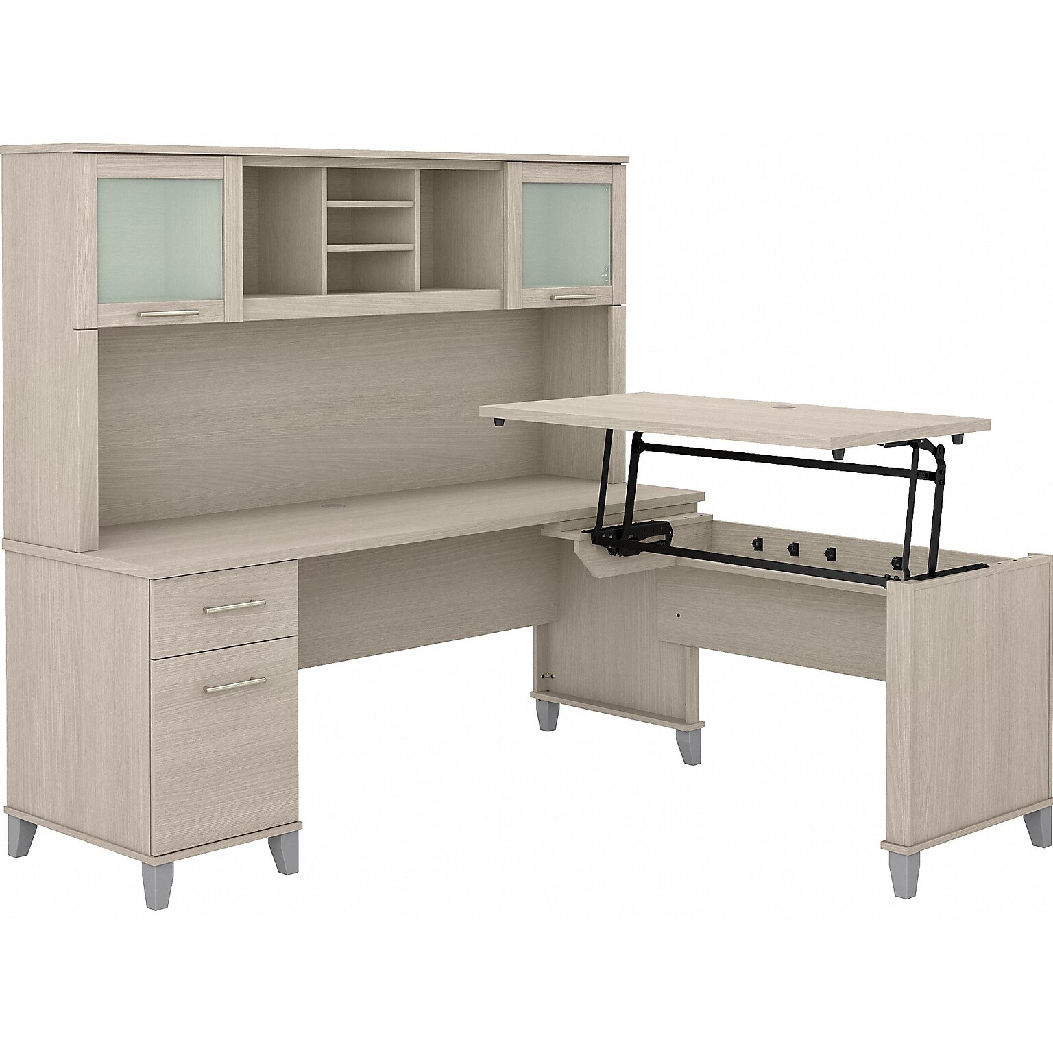 Bush Furniture Somerset 72W 3 Position Sit to Stand L Shaped Desk with Hutch, Sand Oak (SET015SO)
