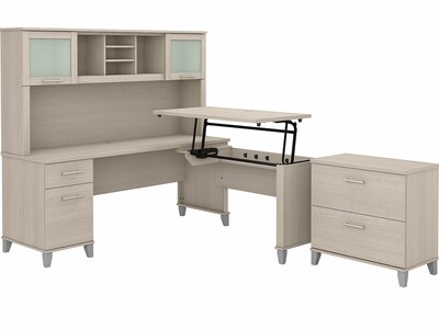 Bush Furniture Somerset 72W 3 Position Sit to Stand L Shaped Desk with Hutch and File Cabinet, Sand