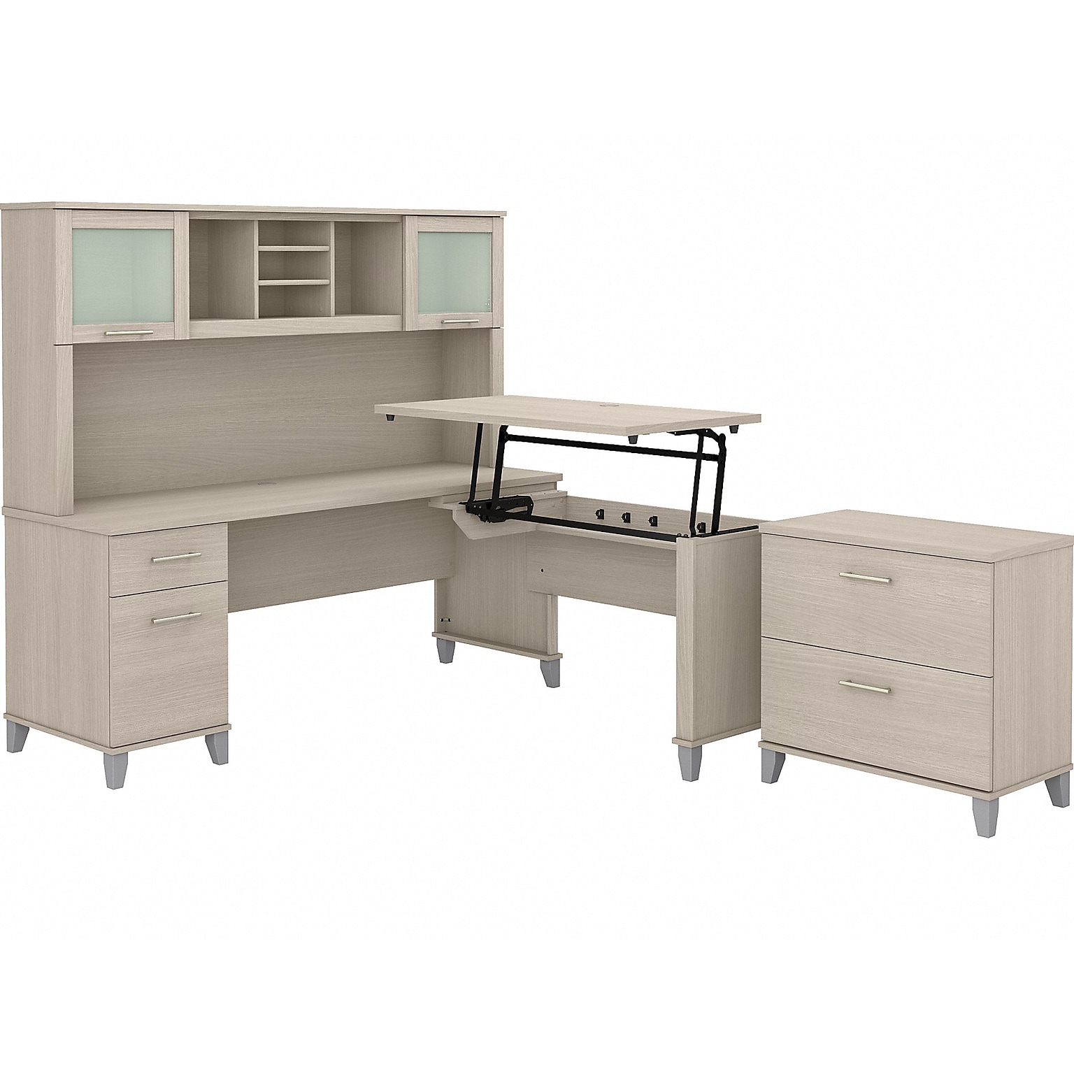Bush Furniture Somerset 72W 3 Position Sit to Stand L Shaped Desk with Hutch and File Cabinet, Sand Oak (SET016SO)