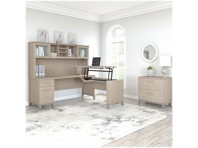 Bush Furniture Somerset 72W 3 Position Sit to Stand L Shaped Desk with Hutch and File Cabinet, Sand