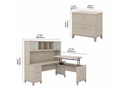 Bush Furniture Somerset 72"W 3 Position Sit to Stand L Shaped Desk with Hutch and File Cabinet, Sand Oak (SET016SO)