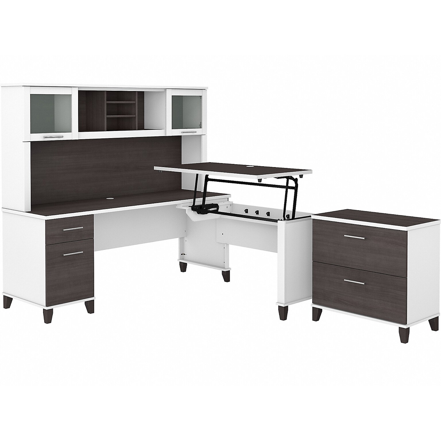 Bush Furniture Somerset 72W 3 Position Sit to Stand L Shaped Desk with Hutch and File Cabinet, Storm Gray/White (SET016SGWH)