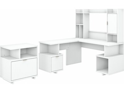 kathy ireland® Home by Bush Furniture Madison Avenue 60 L-Shaped Desk with Hutch and File Cabinet, Pure White (MDS013PW)
