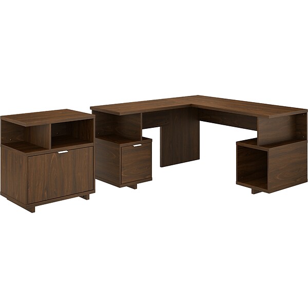 kathy ireland® Home by Bush Furniture Madison Avenue 60 L-Shaped Desk with Lateral File Cabinet, Modern Walnut (MDS005MW)