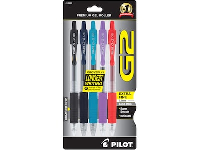 Pilot G2 Retractable Gel Pens, Extra Fine Point, Assorted Inks, 5/Pack (G25C5005)