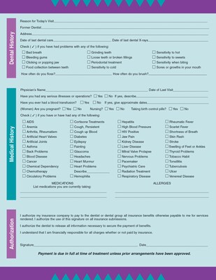 Medical Arts Press® Dental Registration and History Form; Purple and Teal Design