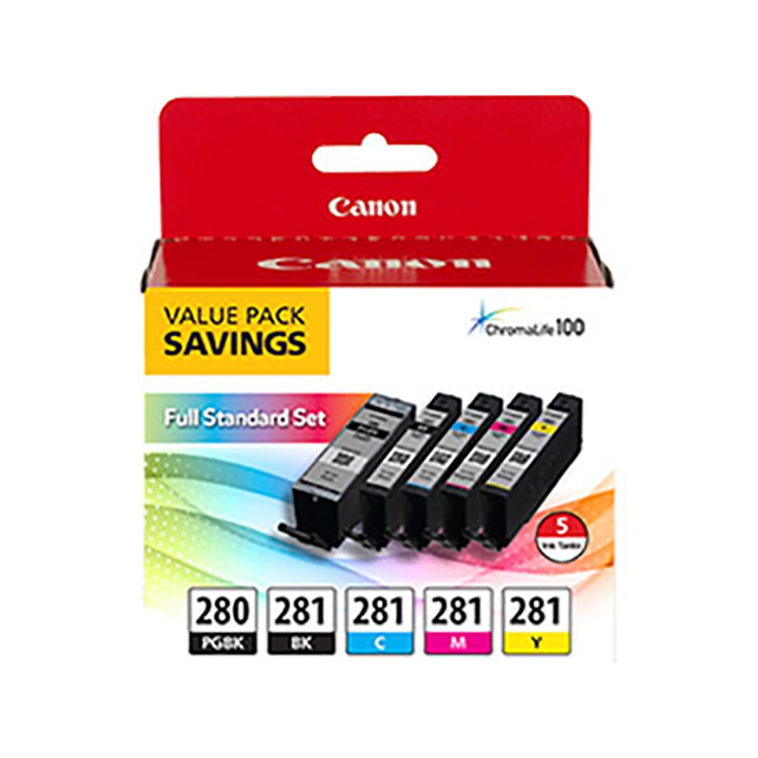Canon 280/281/Black/Pigment Black/Cyan/Magenta/Yellow Standard Yield Ink Cartridges  (2075C006)