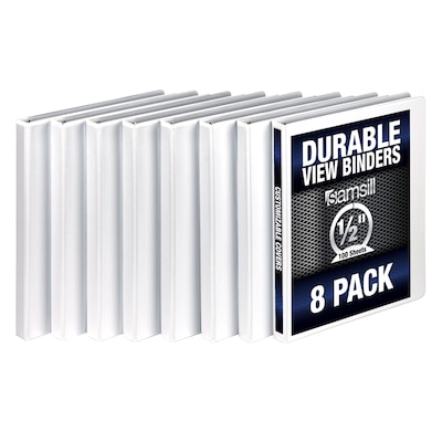 Samsill Durable Non-Stick 1/2" 3-Ring View Binder, White, 8/Pack (S88417)