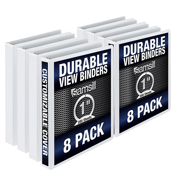Samsill Durable Non-Stick 1 3-Ring View Binder, White, 8/Pack (S88437)
