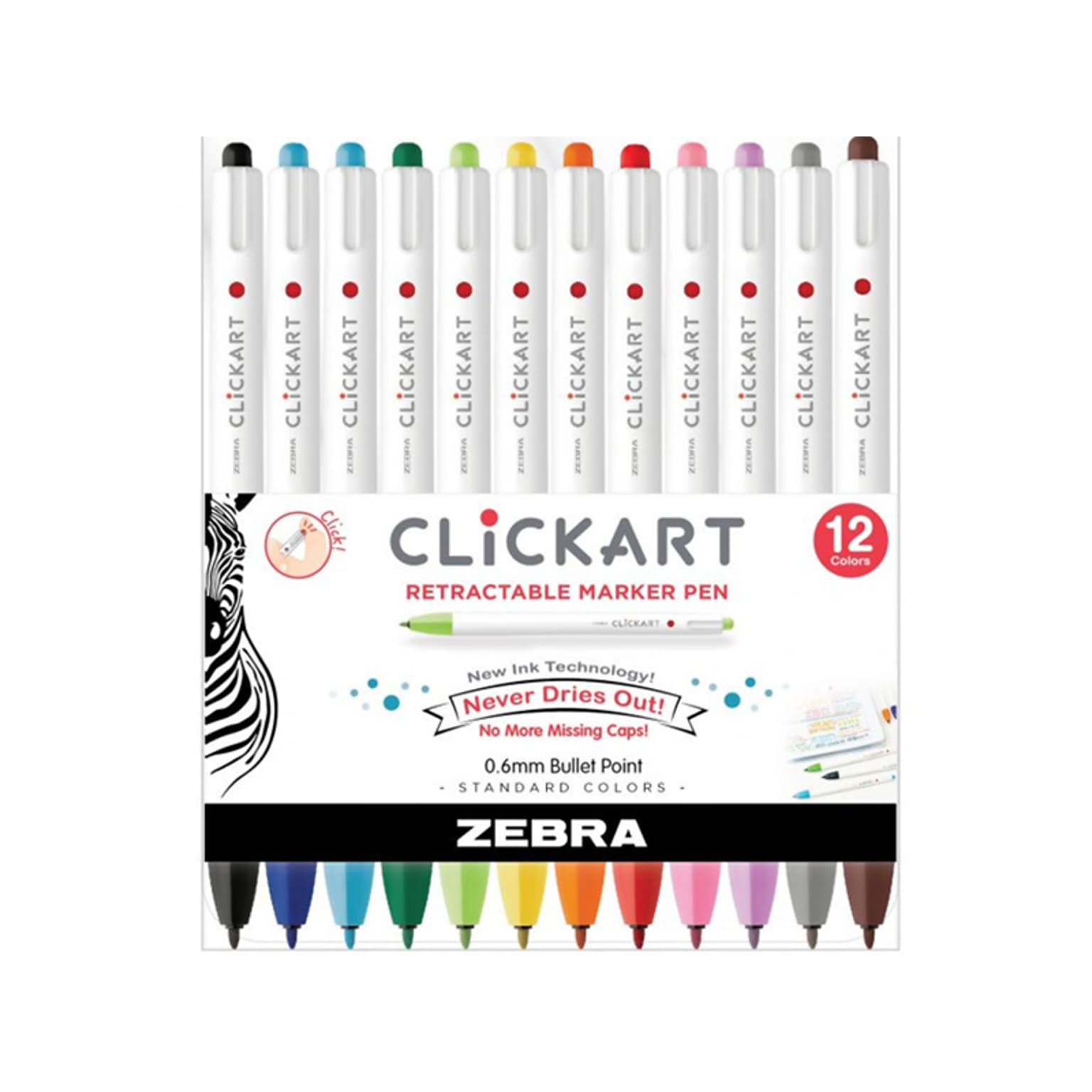 Zebra ClickArt Water Based Markers, Fine Tip, Assorted Colors, 12/Pack, Each (69012)