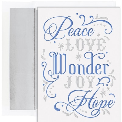 JAM PAPER Christmas Cards & Matching Envelopes Set, 7 6/7 x 5 5/8, Love Wonder Joy, 16/Pack (52694