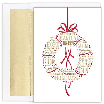JAM PAPER Christmas Cards & Matching Envelopes Set, 7 6/7" x 5 5/8", Holiday Wishes Wreath, 16/Pack (526935200)