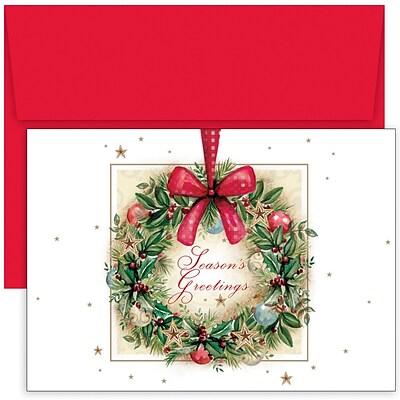 JAM PAPER Christmas Cards & Matching Envelopes Set, 7 6/7 x 5 5/8, Painted Wreath, 18/Pack (526937100)
