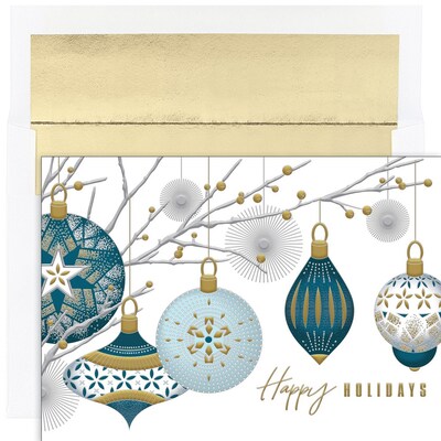 JAM PAPER Christmas Cards & Matching Envelopes Set, 7 6/7 x 5 5/8, Silver & Gold Baubles, 16/Pack