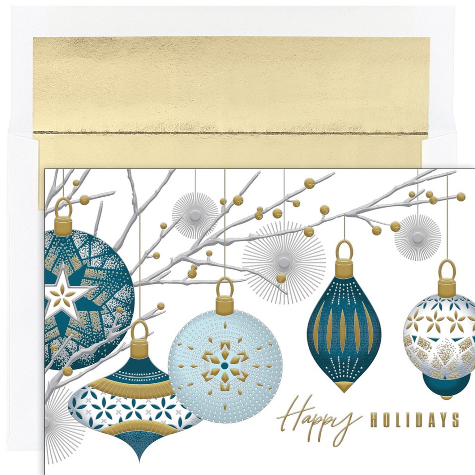 JAM PAPER Christmas Cards & Matching Envelopes Set, 7 6/7 x 5 5/8, Silver & Gold Baubles, 16/Pack (526939300)