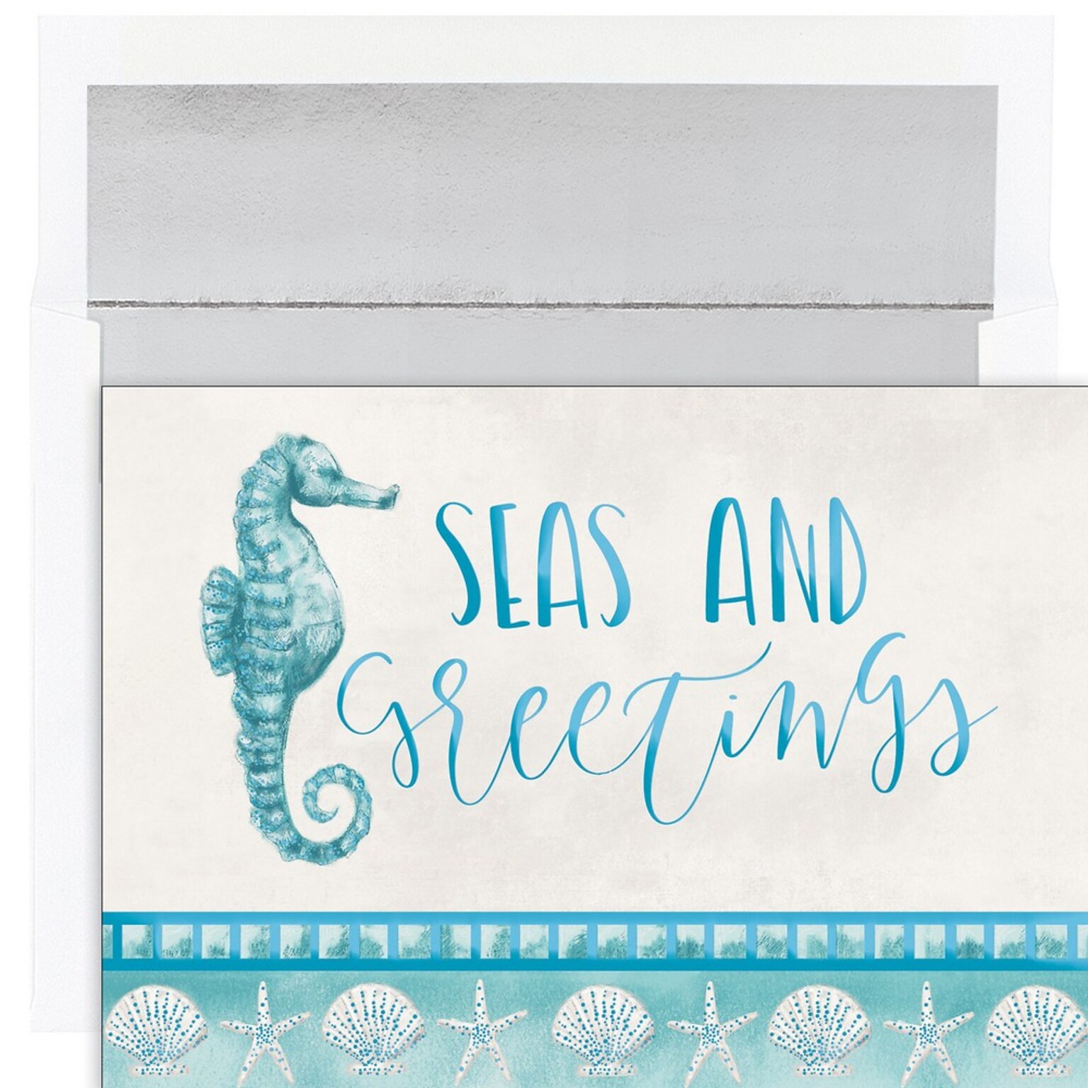 JAM PAPER Christmas Cards & Matching Envelopes Set, 7 6/7 x 5 5/8, Seas & Greetings, 18/Pack (526940900)