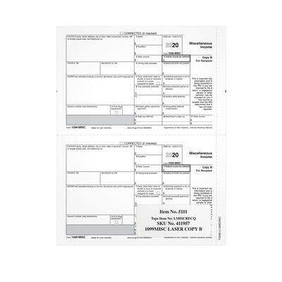TOPS 2020 1099-MISC Tax Forms, White, Copy B Laser/Inkjet Sheets, 100/Pack (LMISCRECQ)