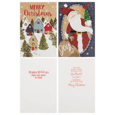 JAM PAPER Assorted Kraft Christmas Cards & Matching Envelopes Set, Snowy Town & Happy Santa, 12 Cards/Pack (JAM2IG105708)