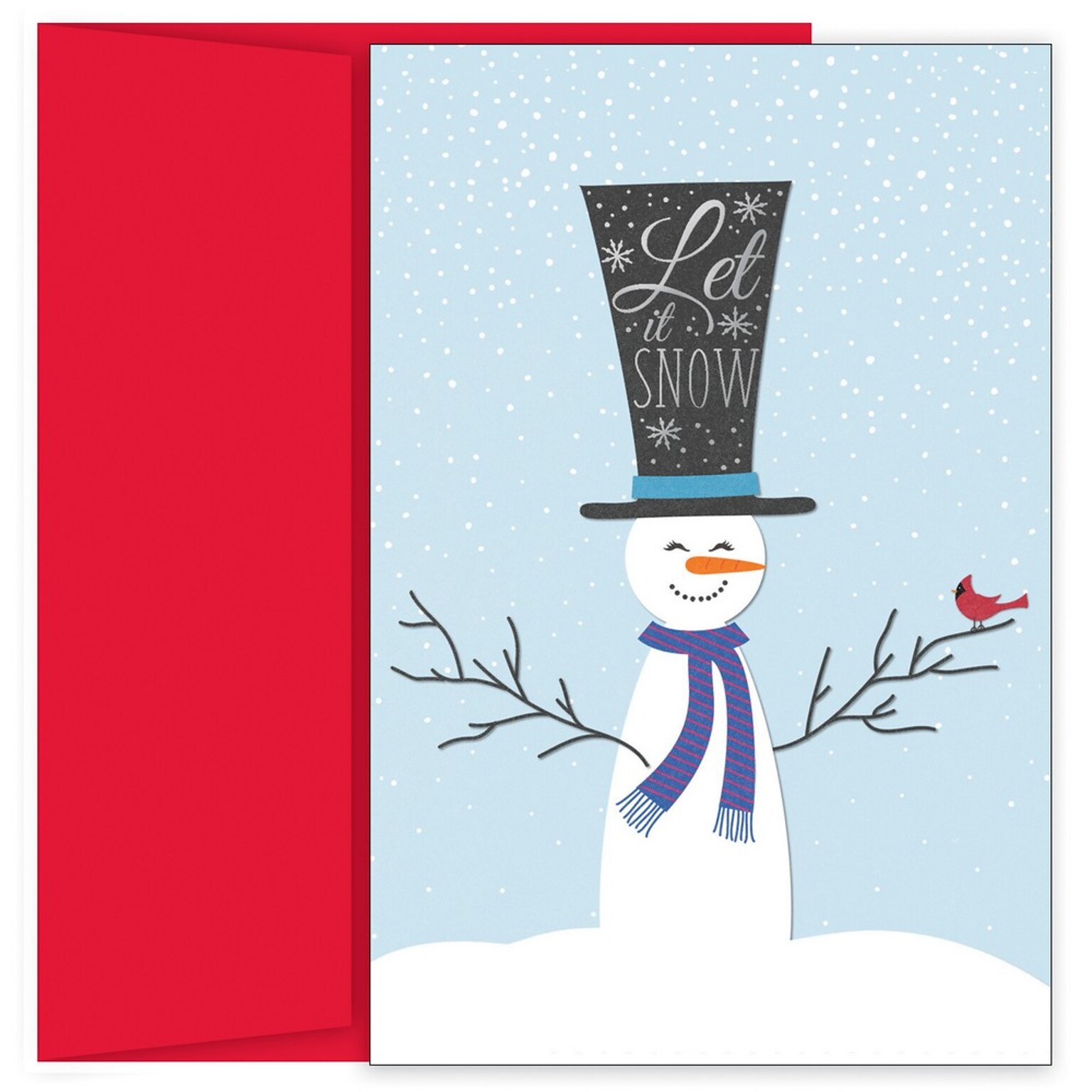 JAM PAPER Christmas Cards & Matching Envelopes Set, 7 6/7 x 5 5/8, Top Hat Snowman, 18/Pack (526941200)
