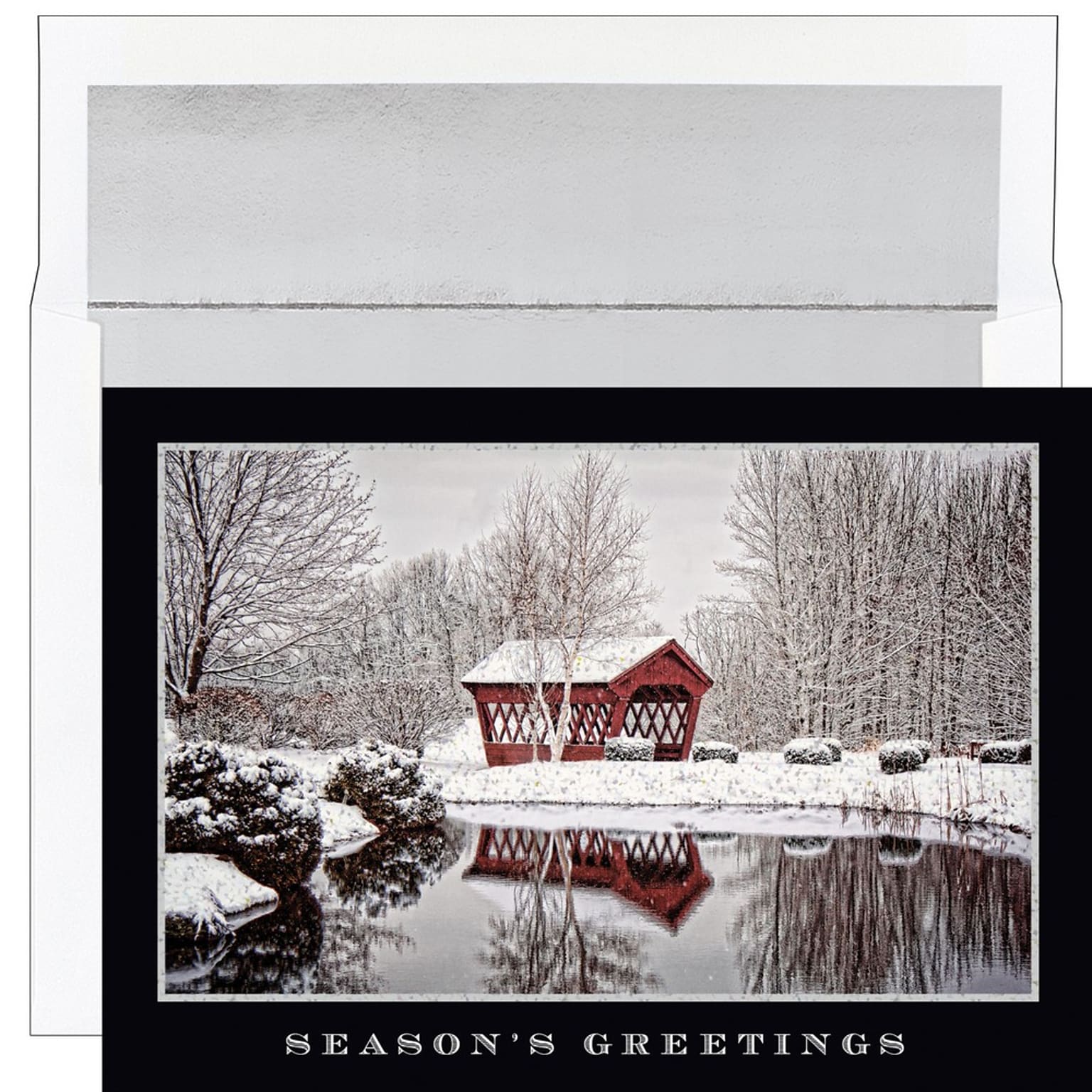 JAM PAPER Christmas Cards & Matching Envelopes Set, 7 6/7 x 5 5/8, Glittering Covered Bridge, 16/Pack (526935700)