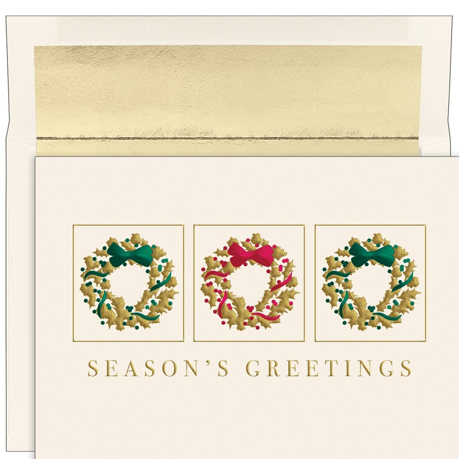 JAM PAPER Christmas Cards & Matching Envelopes Set, 7 6/7 x 5 5/8, Gold Wreath Trio, 16/Pack (526937900)