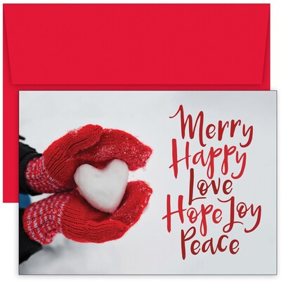 JAM PAPER Christmas Cards & Matching Envelopes Set, 7 6/7" x 5 5/8", Merry Happy Love, 18/Pack (526941800)