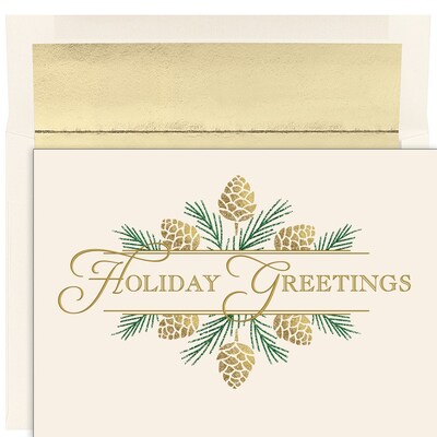 JAM PAPER Christmas Cards & Matching Envelopes Set, 7 6/7 x 5 5/8, Golden Pinecones, 16/Pack (5269