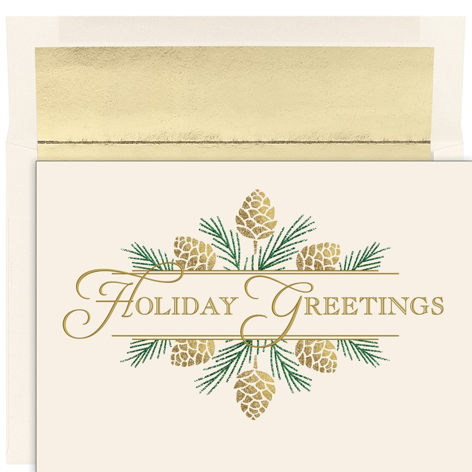 JAM PAPER Christmas Cards & Matching Envelopes Set, 7 6/7 x 5 5/8, Golden Pinecones, 16/Pack (526935400)