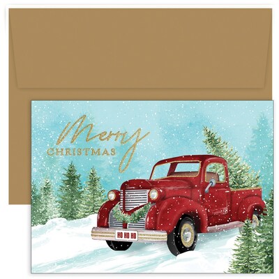 JAM PAPER Christmas Cards & Matching Envelopes Set, 7 6/7 x 5 5/8, Red Truck & Tree, 18/Pack (526940000)