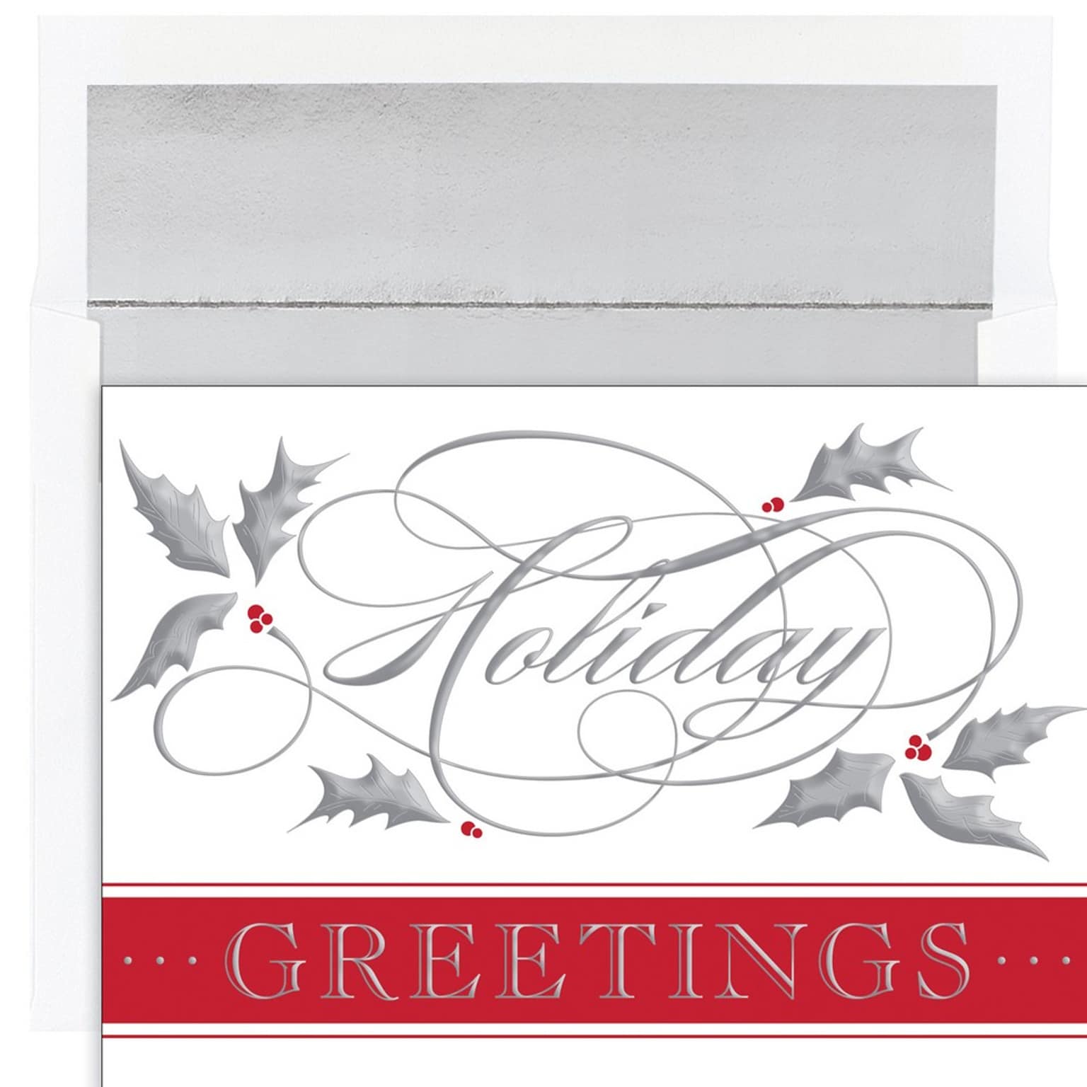 JAM PAPER Christmas Cards & Matching Envelopes Set, 7 6/7 x 5 5/8, Silver Swirl Holiday, 16/Pack (526939100)